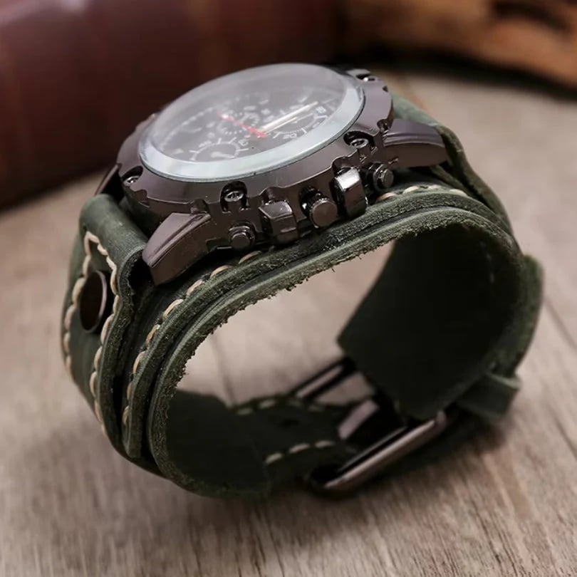 Leather Strap Watch with Stainless Steel Case, Luminous Hands, Water Resistant