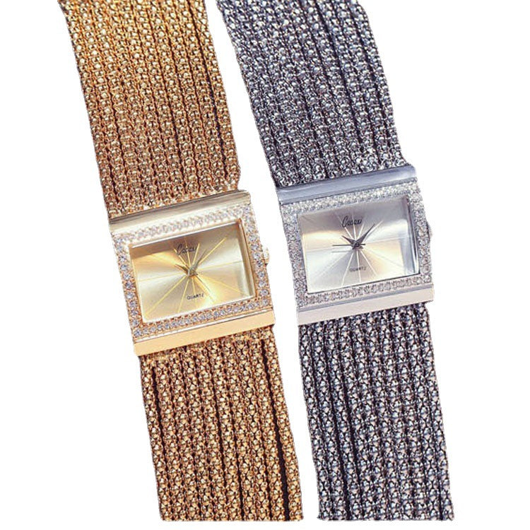 Women's Square Analog Watch with Rhinestone Accents and Multi-Chain Bracelet