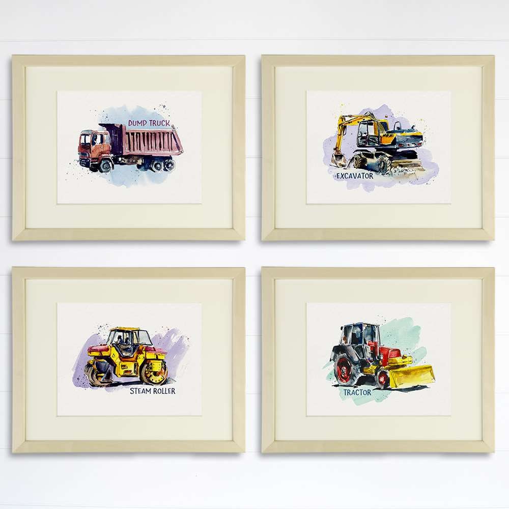 Boys Construction Trucks Set (Dump Truck, Excavator, Steam Roller, Tractor) Art Prints (Set of 4) - 8x10s