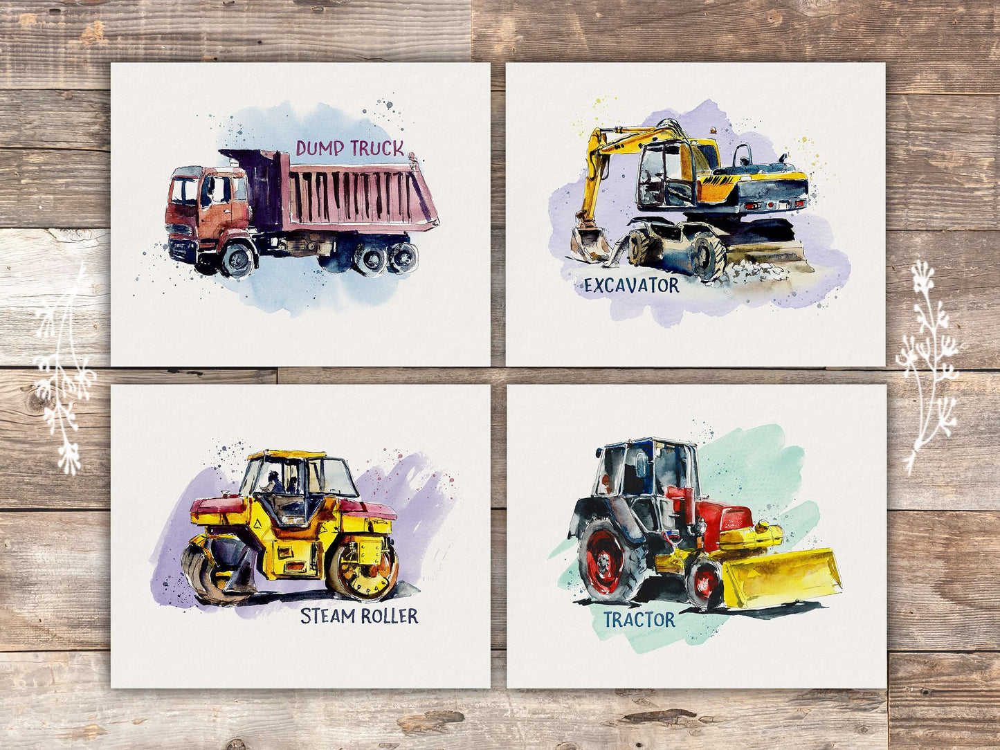 Boys Construction Trucks Set (Dump Truck, Excavator, Steam Roller, Tractor) Art Prints (Set of 4) - 8x10s