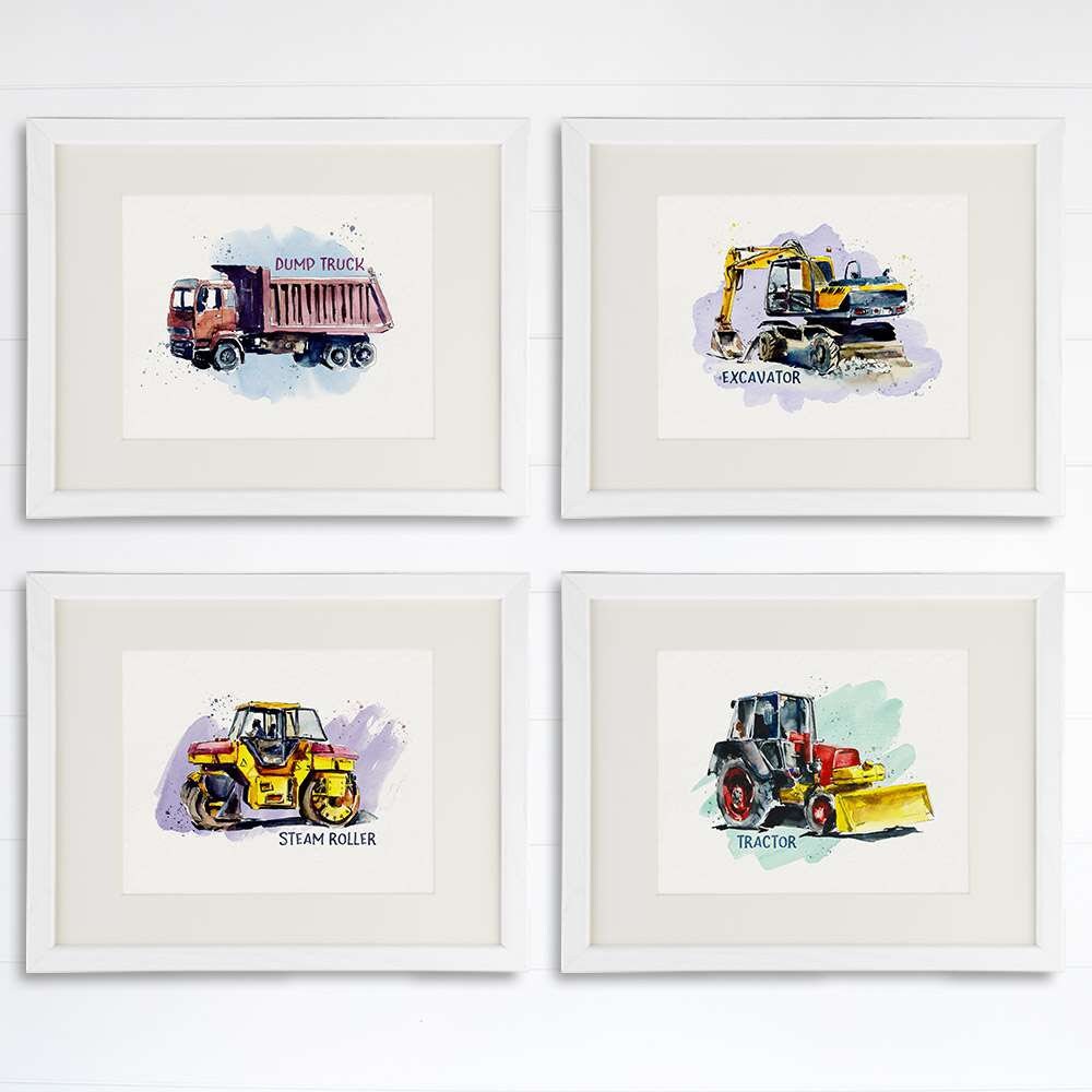 Boys Construction Trucks Set (Dump Truck, Excavator, Steam Roller, Tractor) Art Prints (Set of 4) - 8x10s