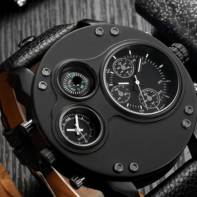 Men's Analog Watch with Dual Time Zone Display and Integrated Compass