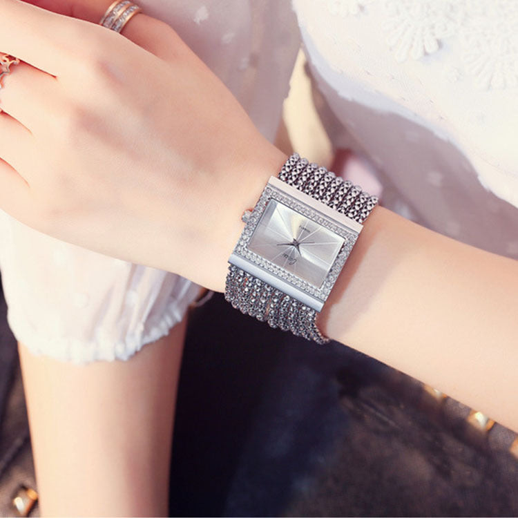 Women's Square Analog Watch with Rhinestone Accents and Multi-Chain Bracelet