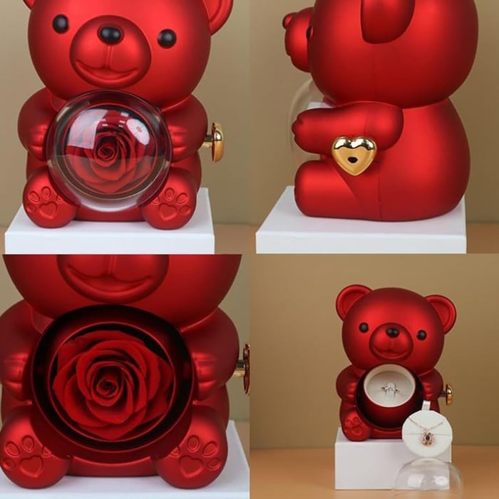 Bear Necklace Case - Romantic Bear and Rose Jewelry Box