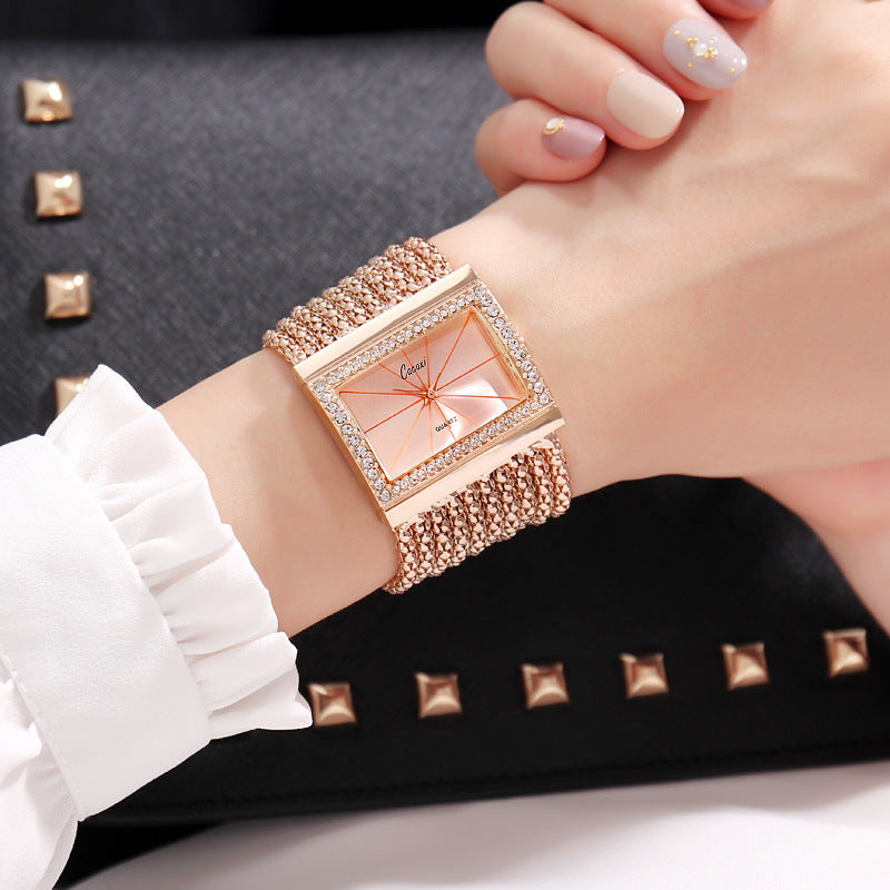 Women's Square Analog Watch with Rhinestone Accents and Multi-Chain Bracelet