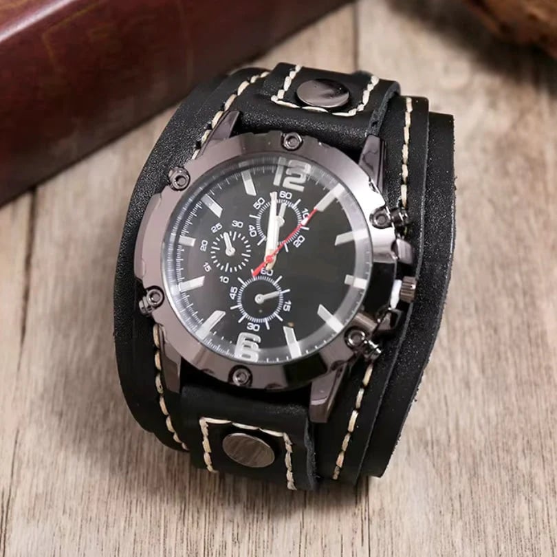 Leather Strap Watch with Stainless Steel Case, Luminous Hands, Water Resistant