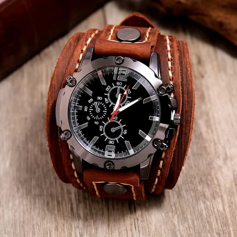 Leather Strap Watch with Stainless Steel Case, Luminous Hands, Water Resistant