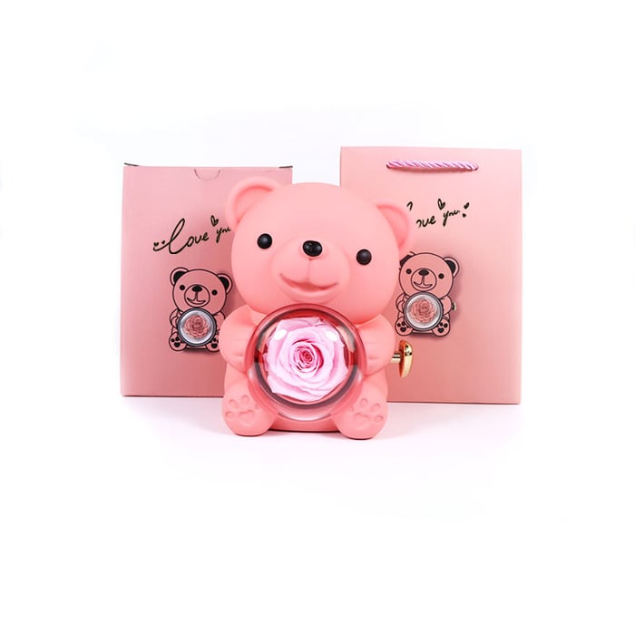 Bear Necklace Case - Romantic Bear and Rose Jewelry Box
