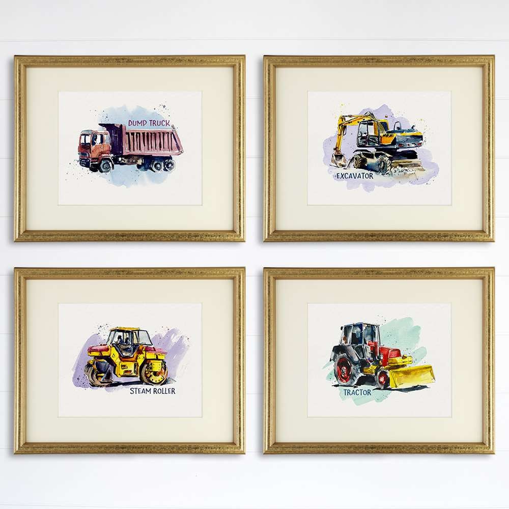 Boys Construction Trucks Set (Dump Truck, Excavator, Steam Roller, Tractor) Art Prints (Set of 4) - 8x10s
