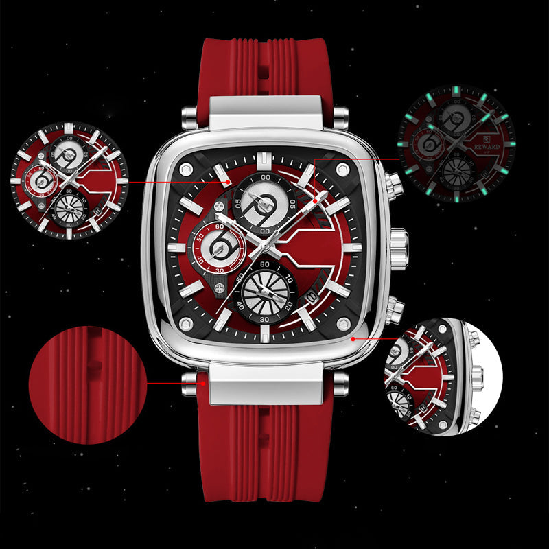 Men's Square Alloy Case Sport Quartz Watch with Silicone Strap, 30M Water-Resistant, Luminescent Hands