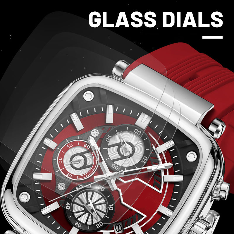 Men's Square Alloy Case Sport Quartz Watch with Silicone Strap, 30M Water-Resistant, Luminescent Hands