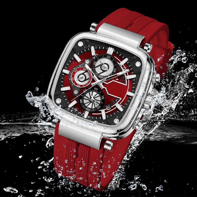 Men's Square Alloy Case Sport Quartz Watch with Silicone Strap, 30M Water-Resistant, Luminescent Hands