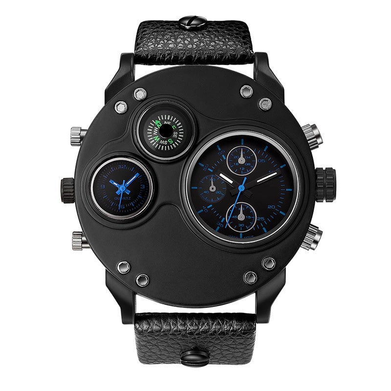 Men's Analog Watch with Dual Time Zone Display and Integrated Compass