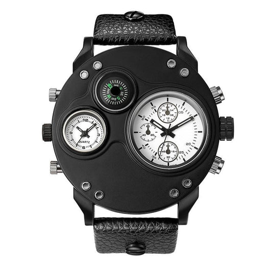 Men's Analog Watch with Dual Time Zone Display and Integrated Compass